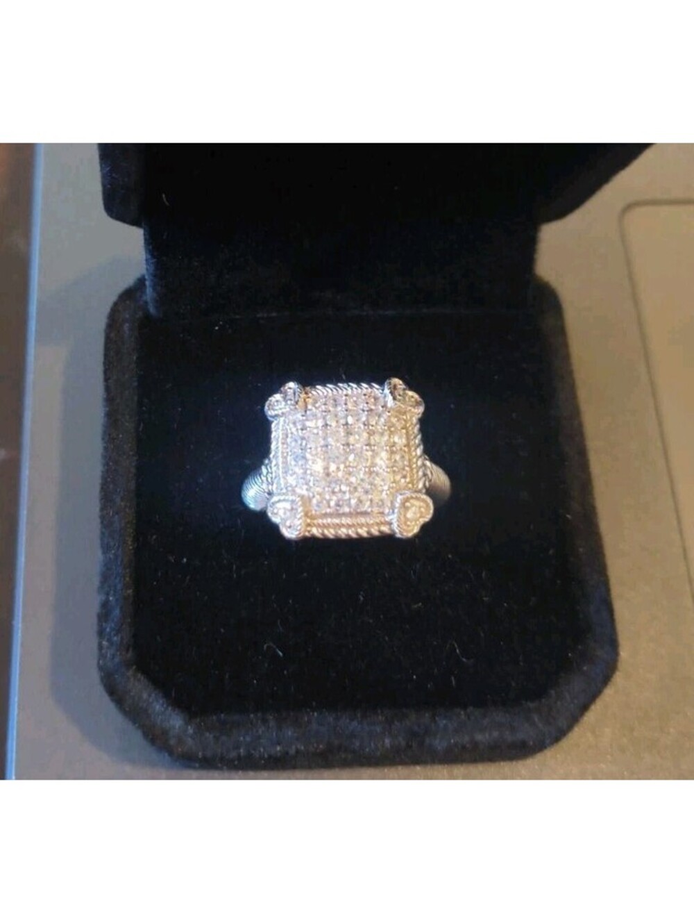 JUDITH RIPKA SQUARE PAVE HEART CORNERS 925 RING STERLING SILVER SIGNED SZ 6